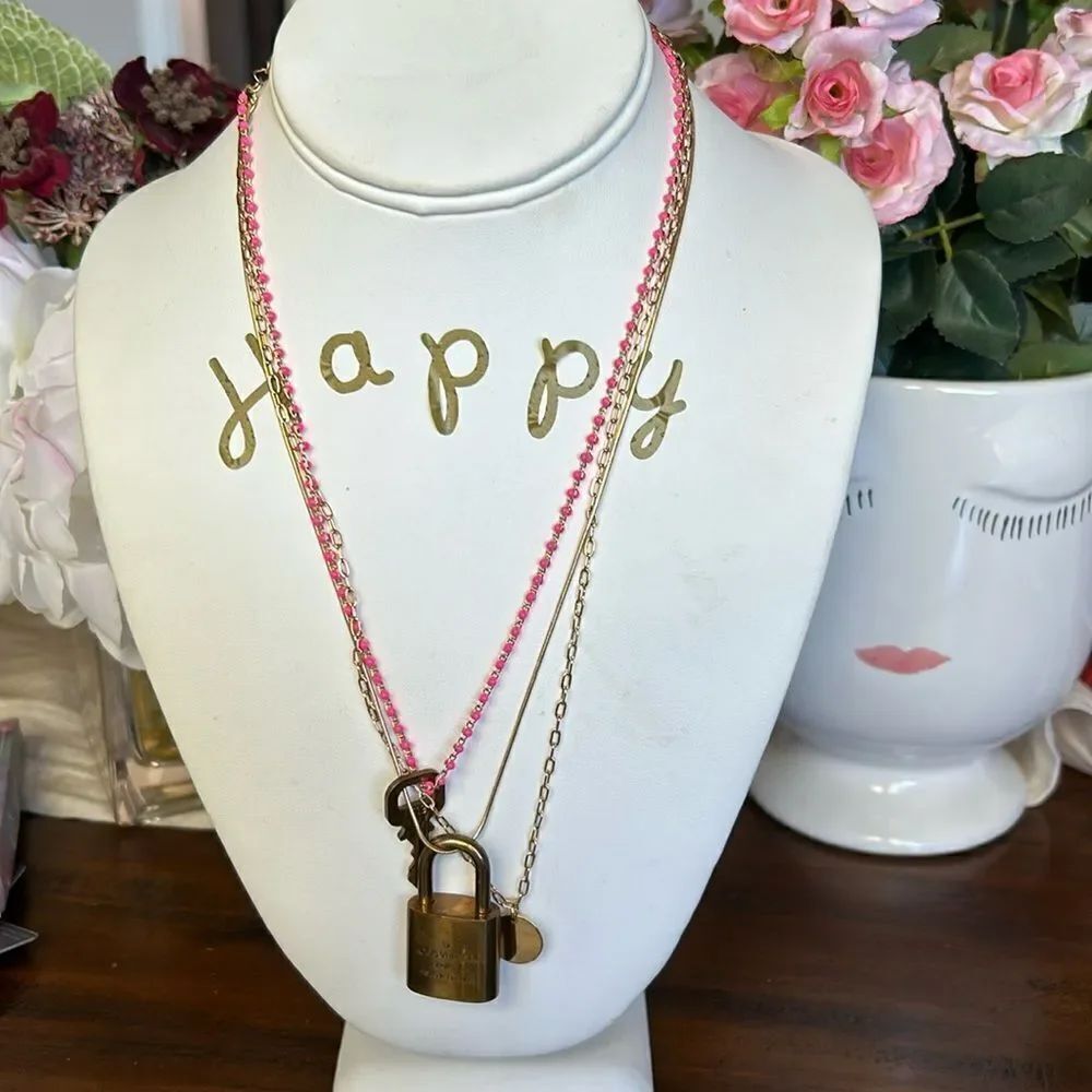 LV key and lock # 319 Gold color layered universal threads pink gold necklace